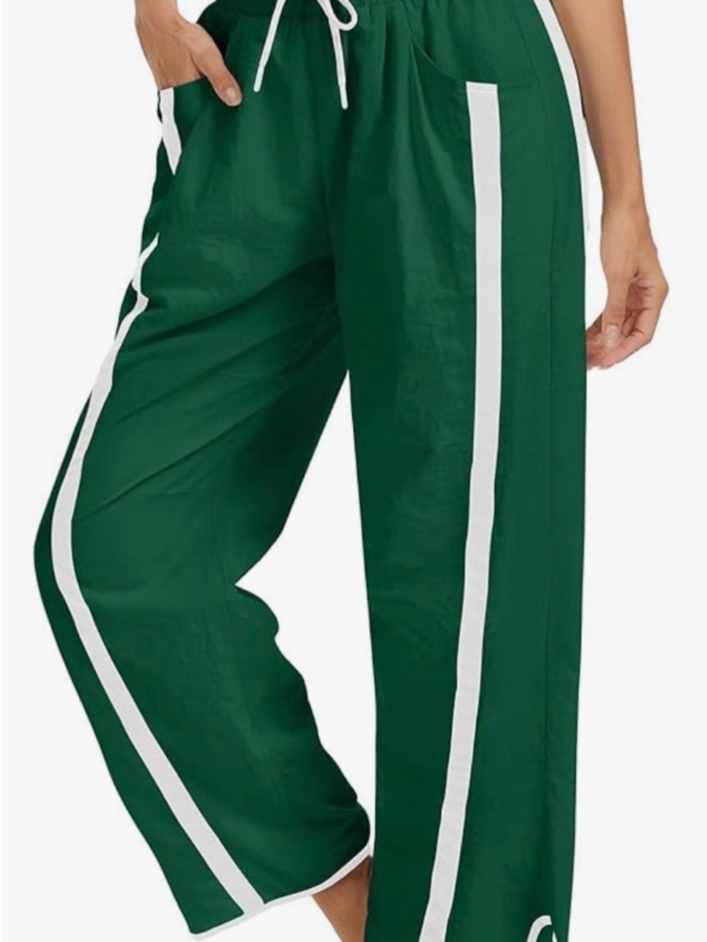 Women’s Green Baggy Track Pants with pockets and White Side Stripes